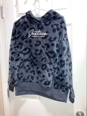 Justice Girls' Gray Leopard Plush Hoodie Size 16/18